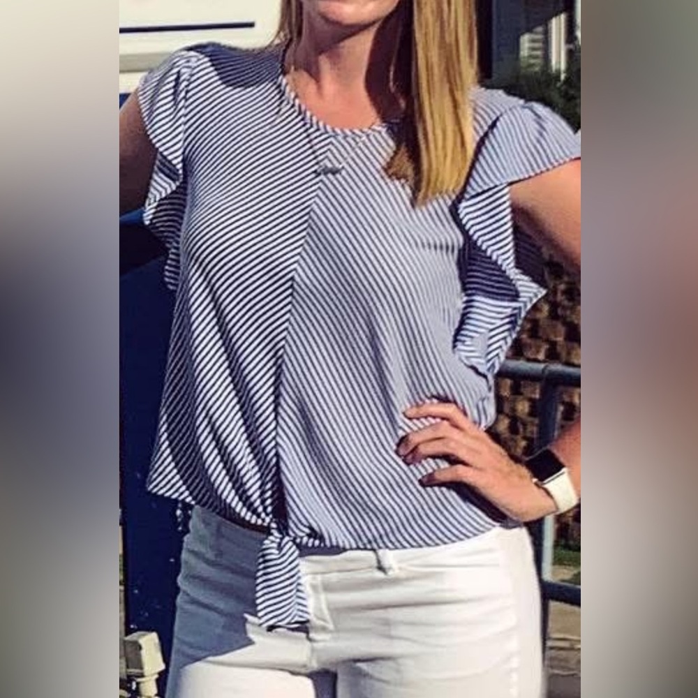 Monteau Light Blue Striped Ruffle Blouse